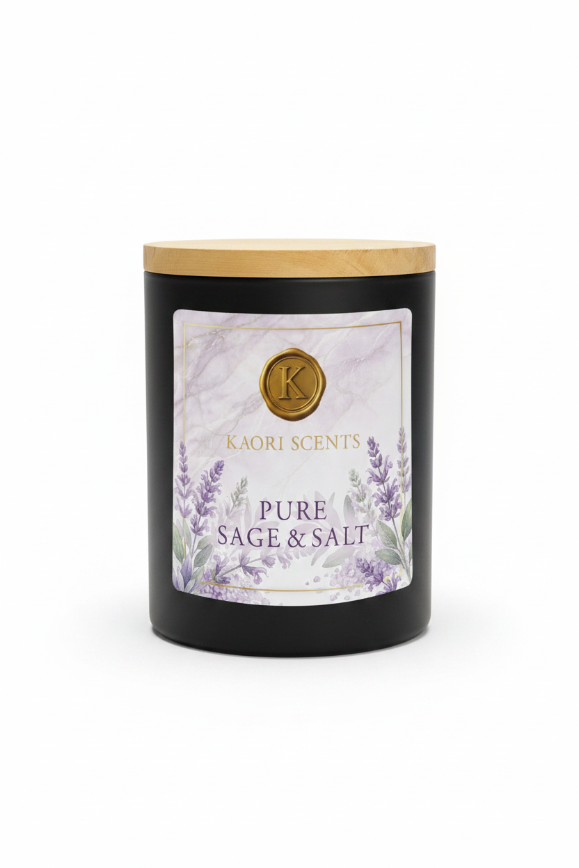 Kaori Scents Pure Sage & Salt Duftkerze – mattschwarzes Glas mit Holzdeckel