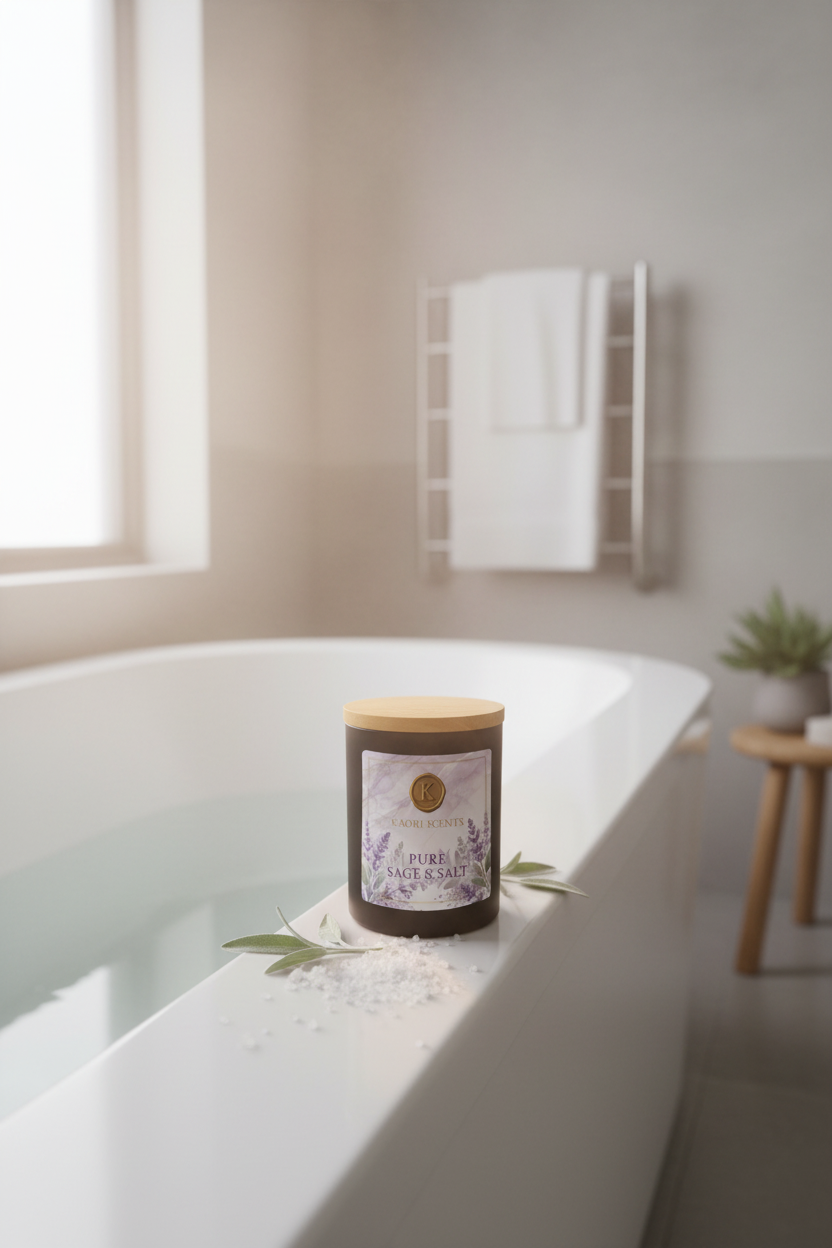 Kaori Scents Pure Sage & Salt Duftkerze – skandinavisches Badezimmer mit Salbei und Meersalz