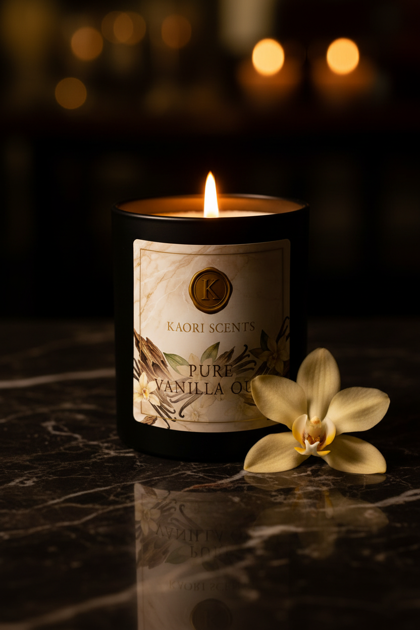 Kaori Scents Pure Vanilla Oud Duftkerze – opulentes Marmor-Setting mit Orchidee und Kerzenschein