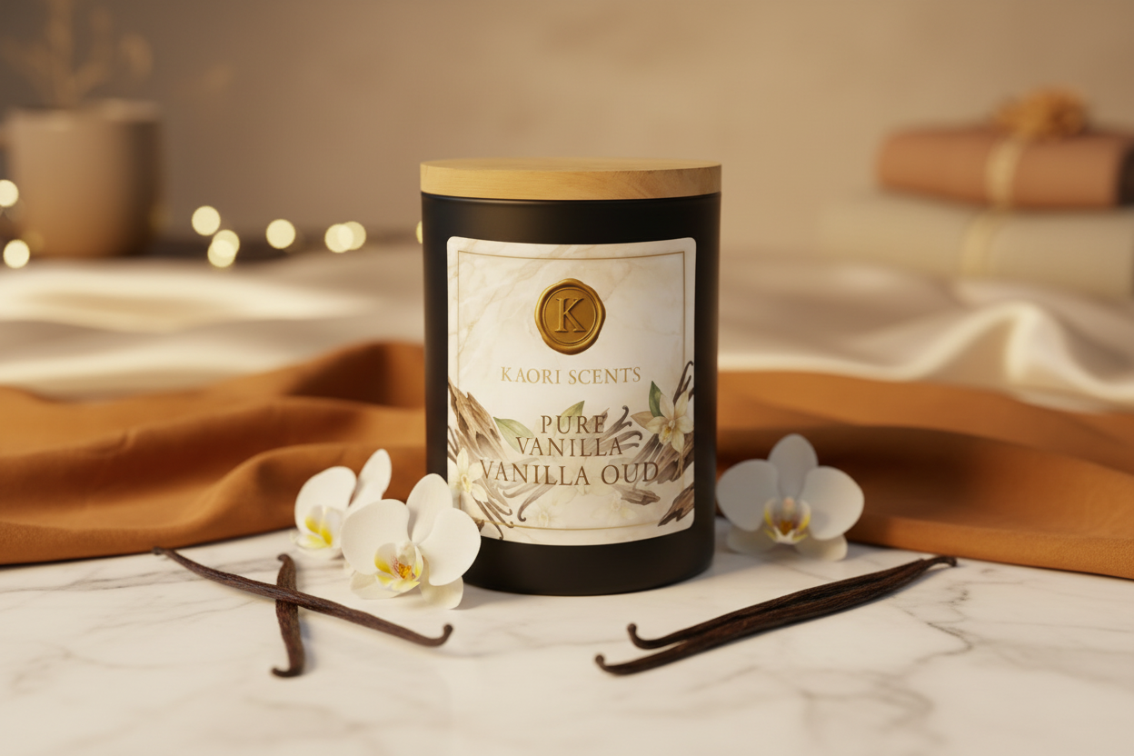 Kaori Scents Pure Vanilla Oud Duftkerze in Szene gesetzt mit Vanilleschoten und Orchideen