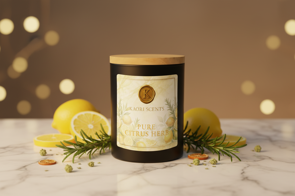 Kaori Scents Pure Citrus Herb Duftkerze in Szene gesetzt mit Zitrone und Rosmarin