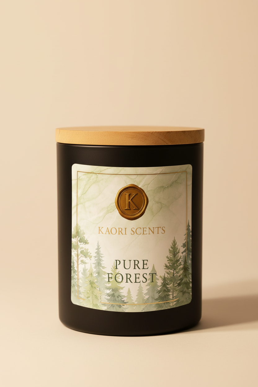 Kaori Scents Pure Forest Duftkerze – mattschwarzes Glas mit Holzdeckel