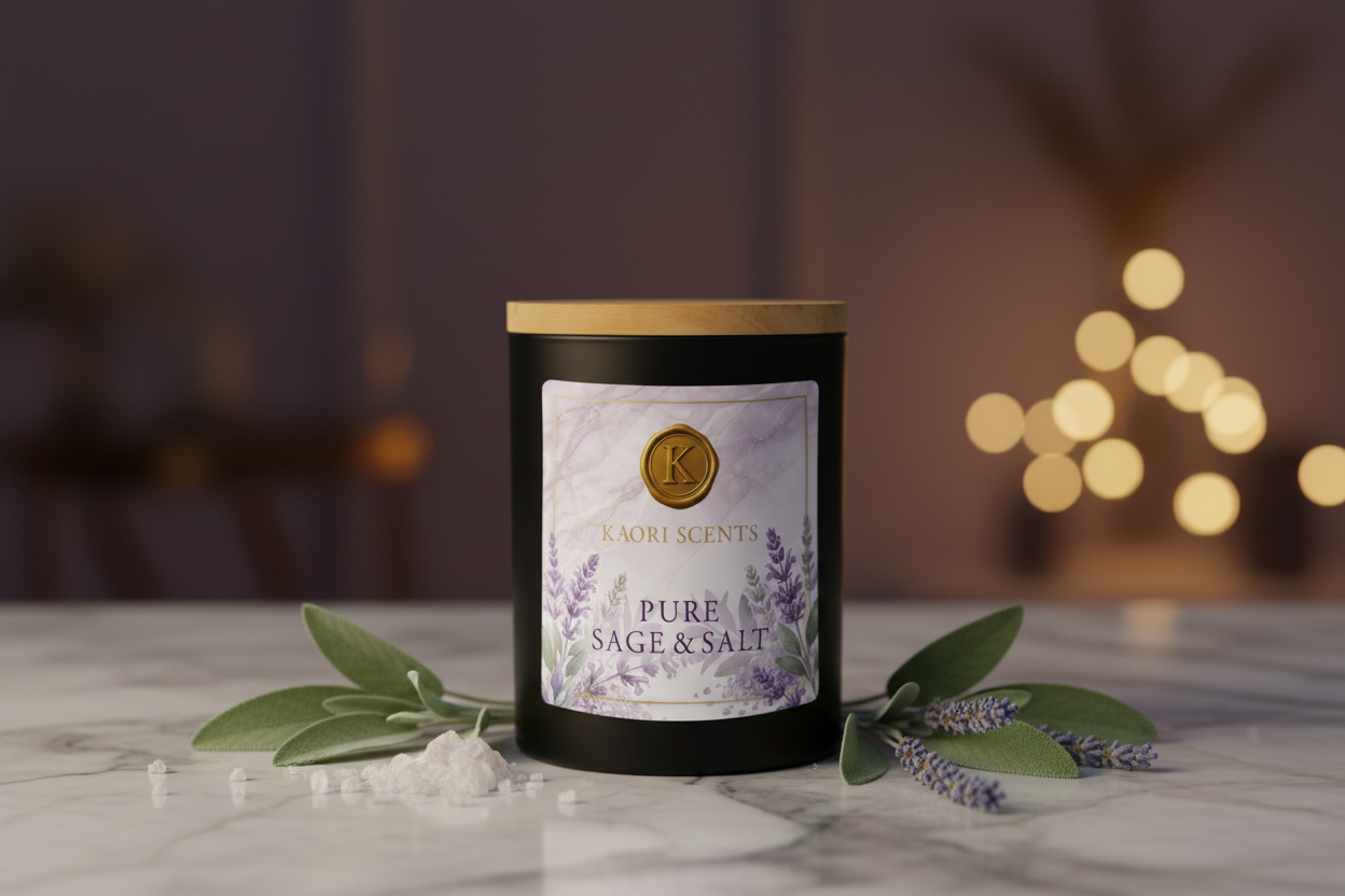 Kaori Scents Pure Sage & Salt Duftkerze in Szene gesetzt mit Salbei und Meersalz