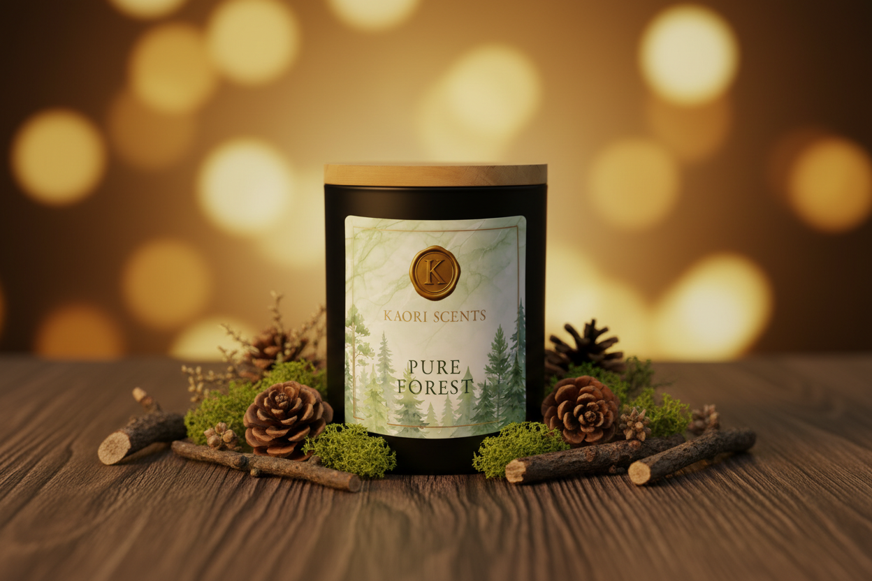 Kaori Scents Pure Forest Duftkerze in Szene gesetzt mit Tannenzapfen und Moos