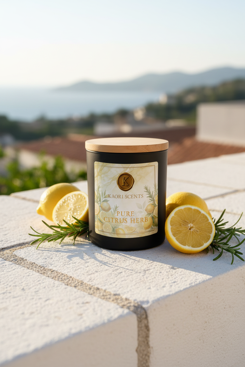 Kaori Scents Pure Citrus Herb Duftkerze – mediterranes Sonnenlicht mit Zitrone und Rosmarin